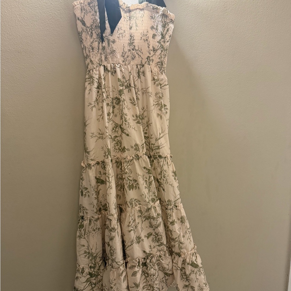 NEW Floral Smocked Tie Strap Midi Dress in Cream and Green